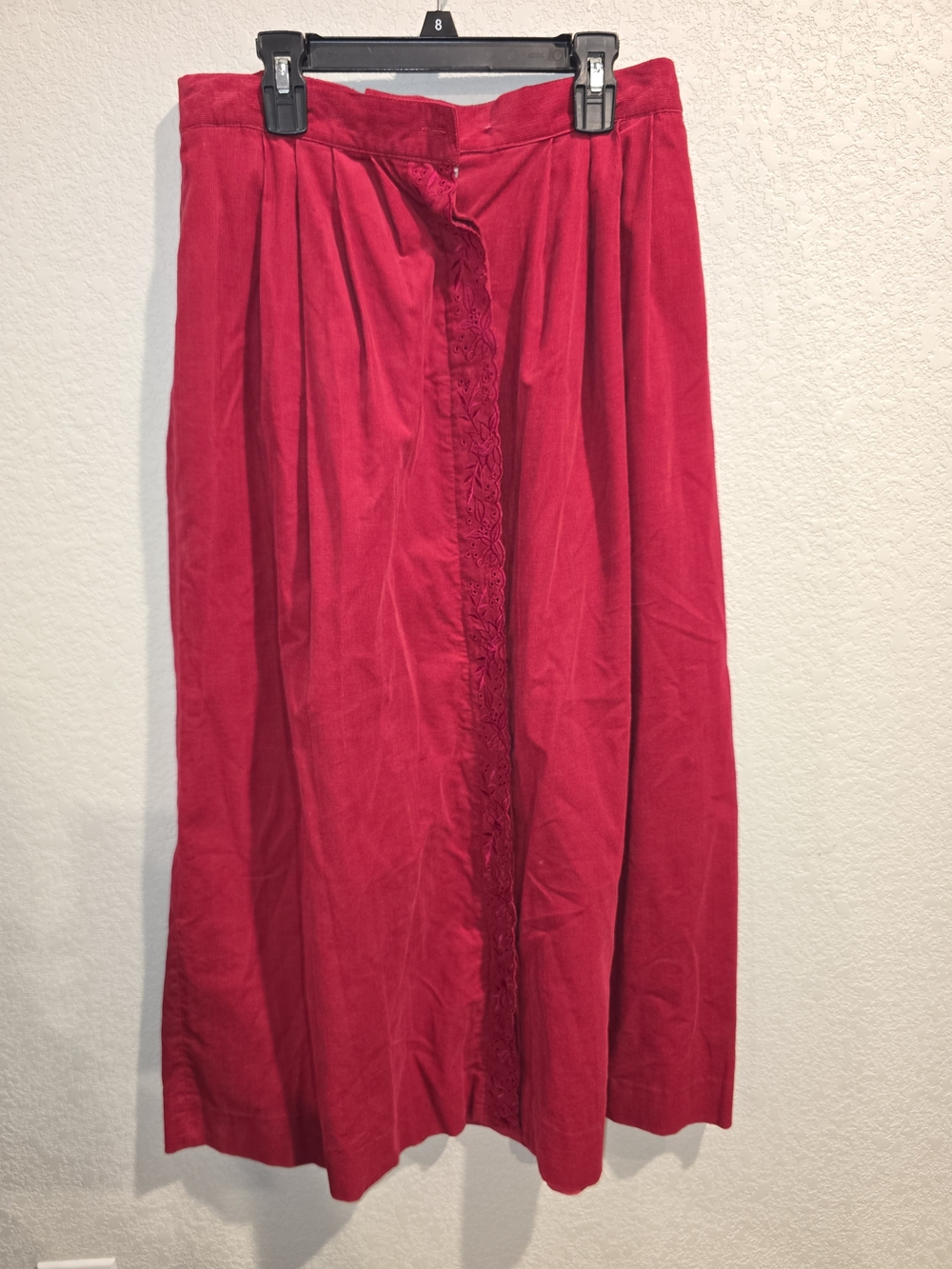 Vintage Susan Bristol Red Corduroy Embroidered Maxi Skirt - Size 10
